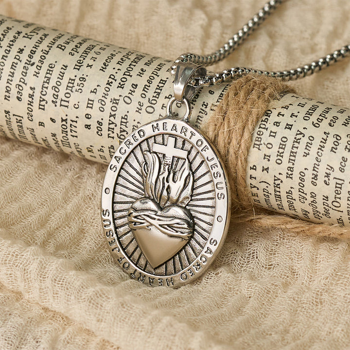 Christianartworkshop Tri-Color Sacred Heart & Cross Dual-Sided Medallion Necklace: Emblem of Divine Love - Silver - image 2