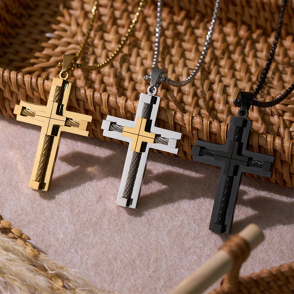 Christianartworkshop Three-Color Dual-Layer Twisted Steel Core Cross Necklace: Light of Divine Faith in Every Wear - image 0