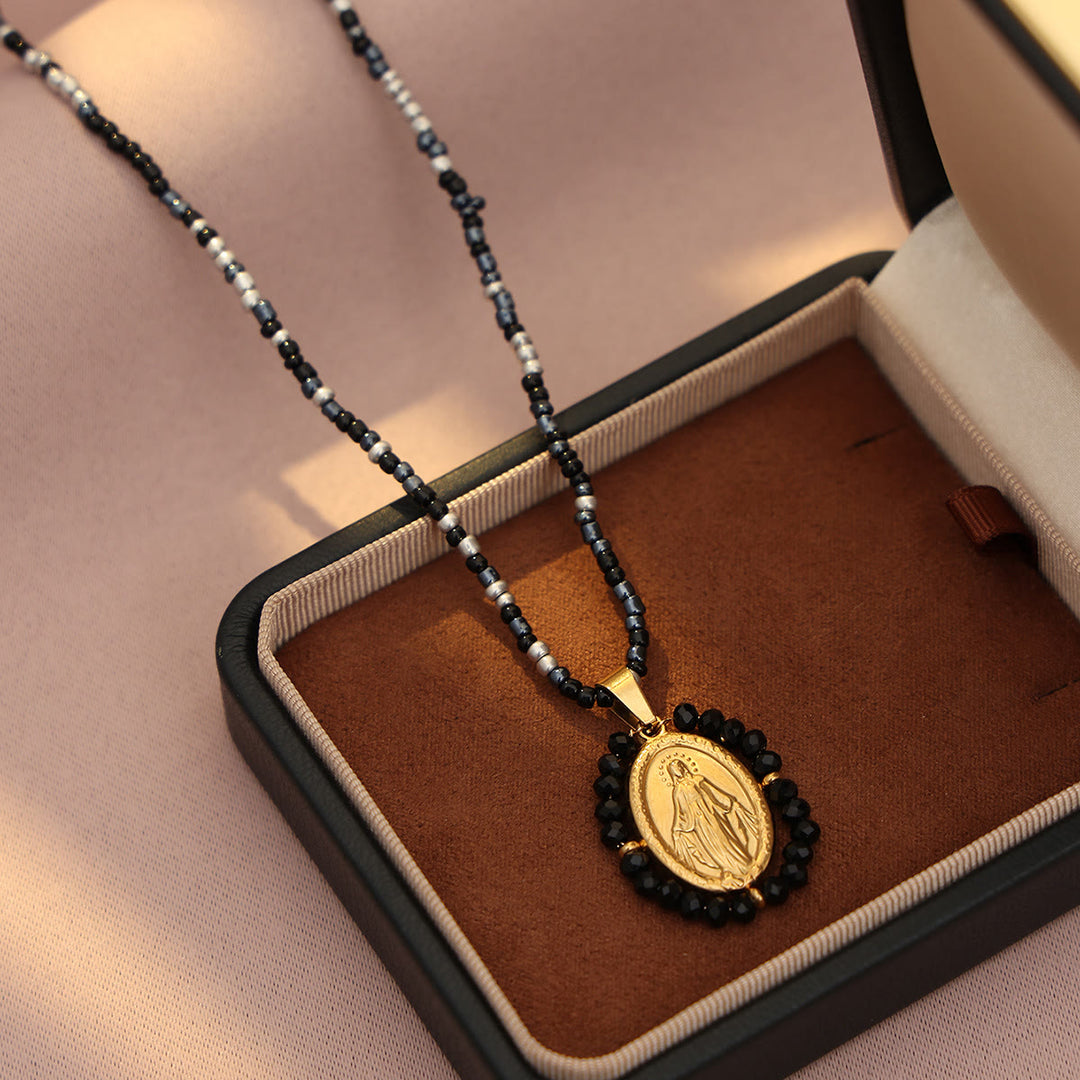Christianartworkshop Beaded Border Our Lady Medal Necklace: Emblem of Marian Devotion - Black - image 7