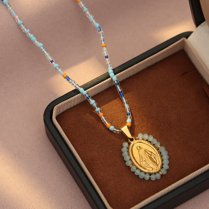 Christianartworkshop Beaded Border Our Lady Medal Necklace: Emblem of Marian Devotion - Blue - image 5