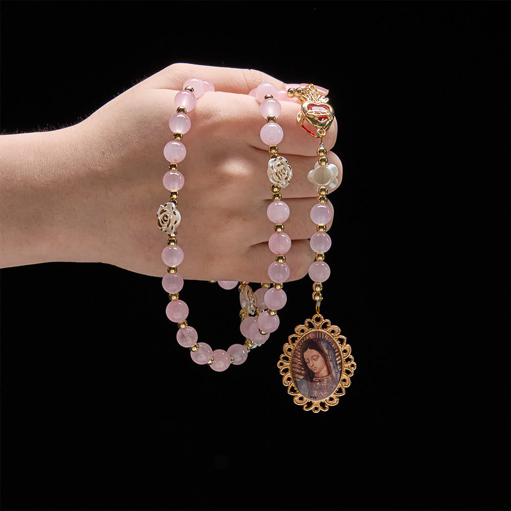 Christianartworkshop Rose Quartz Seven Sorrow Rosary with Sacred Heart: Emblem of Marian Compassion - image 1