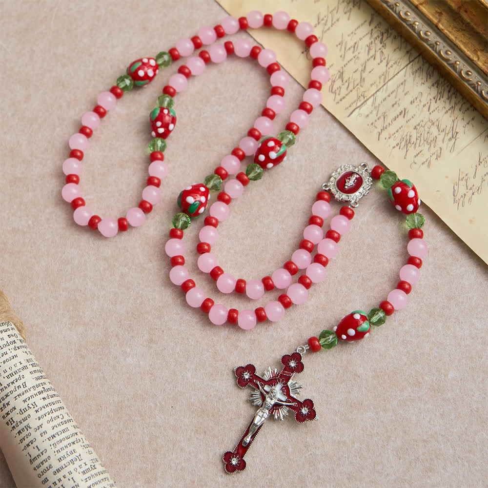 Christianartworkshop Sweet Strawberry Devotion Rosary with Pink Glass Beads & Our Lady Accents - image 2