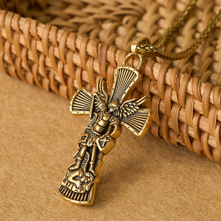 Christianartworkshop St. Michael Archangel Defeating Satan Cross Pendant: Emblem of Divine Protection - Gold - image 4