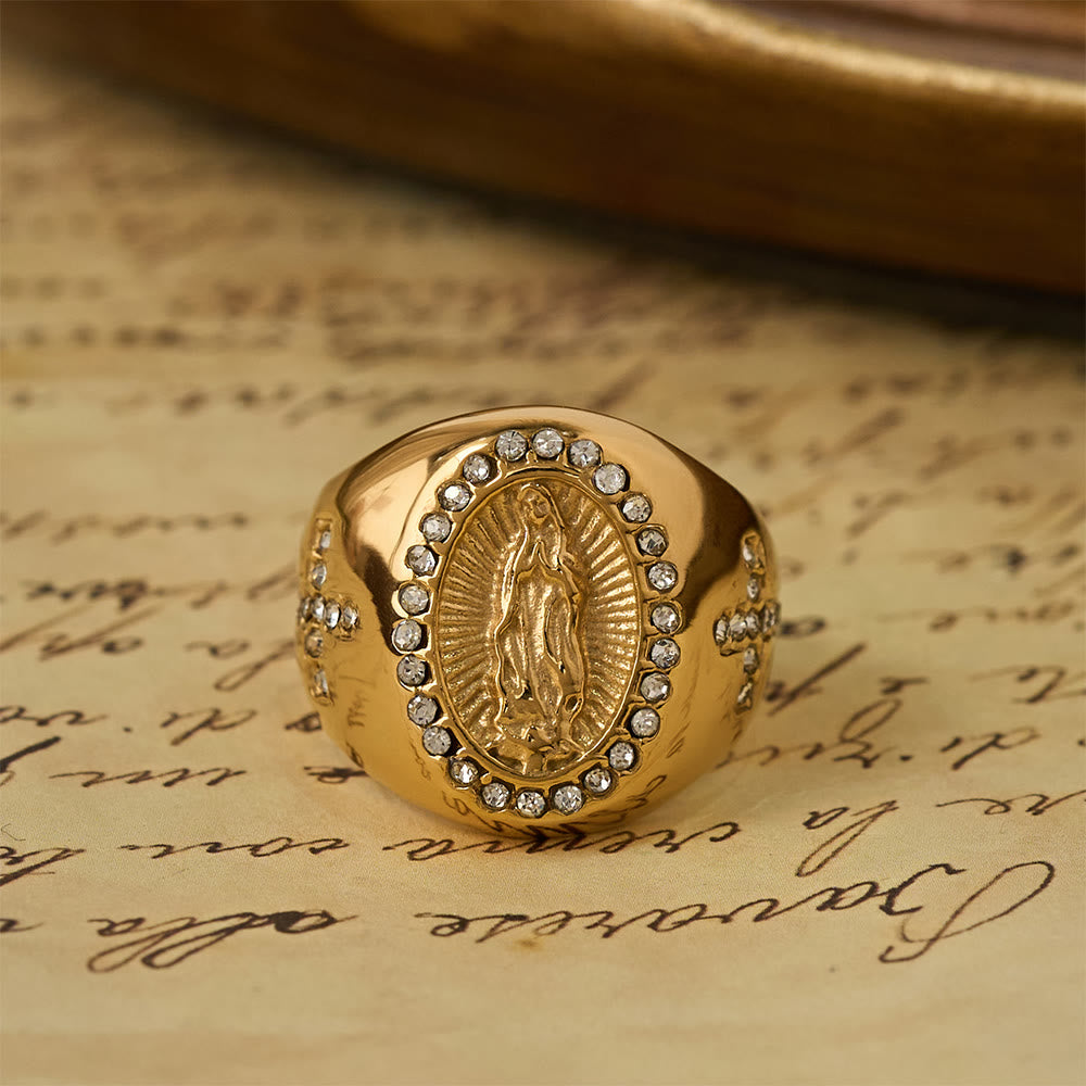 Christianartworkshop Bold Our Lady Cross Signet Ring: Anchor Your Heart in Marian Faith - Golden - US 13 - image 1
