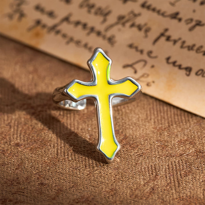 Christianartworkshop Four-Color Enamel Cross Open Ring: Emblem of Faith’s Light - Yellow - image 7
