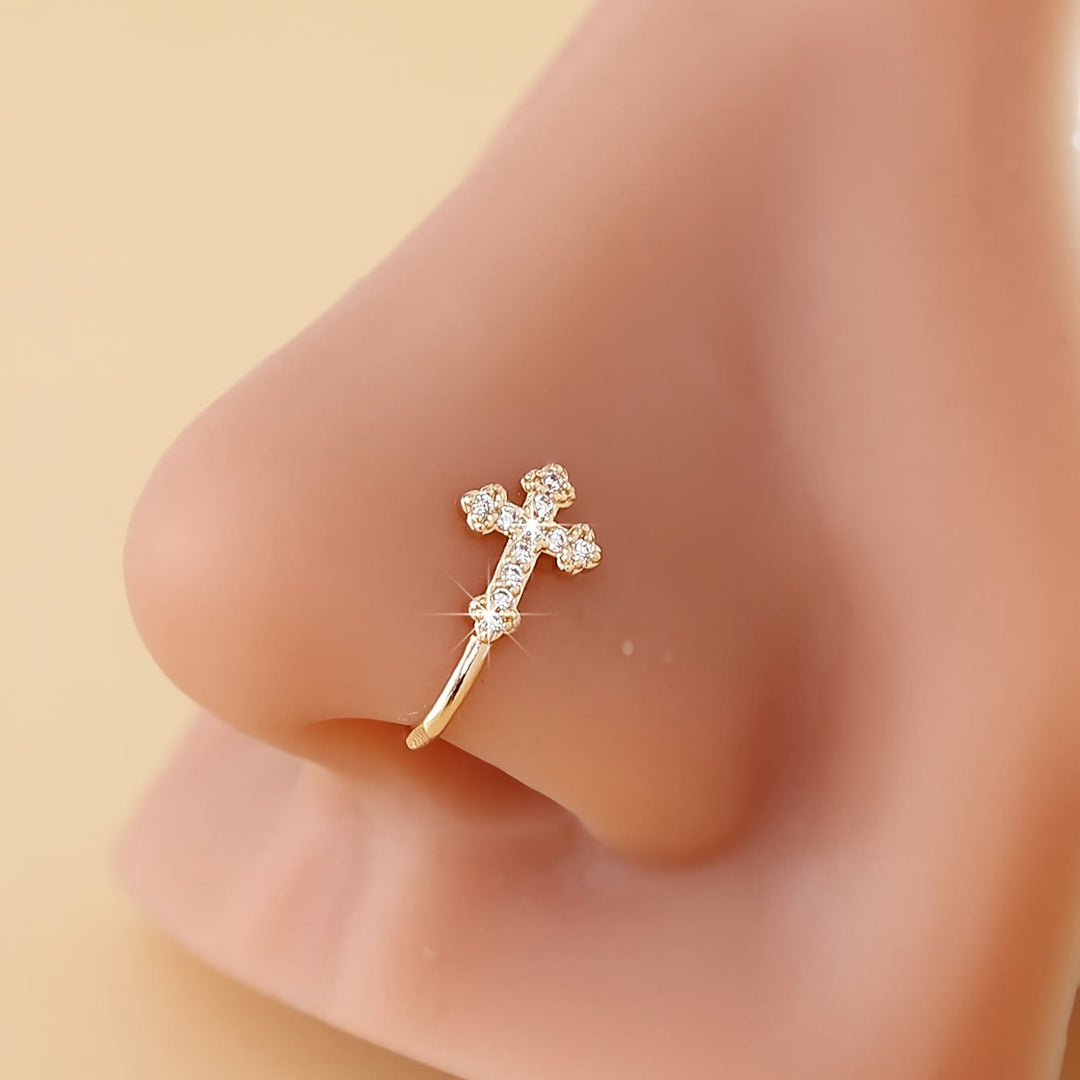 Christianartworkshop Two - Color Sparkling Cross Crystal Nose Ring: Walk in the Path of Sacred Style - Golden - image 4
