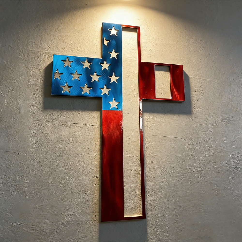 Christianartworkshop Star-Striped Cross Metal Wall Decor: Timeless Symbol of Faith and American Heritage - image 1