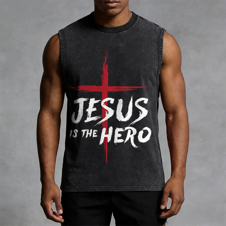 Christianartworkshop Jesus Is The Hero Red Cross Unisex Washed Tank Top - image 4