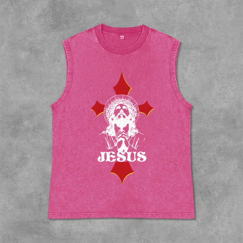 Christianartworkshop JESUS Unisex Washed Tank Top - Pink - 2XL - image 12