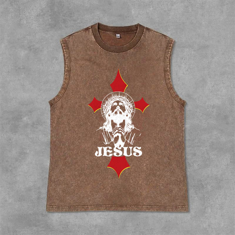 Christianartworkshop JESUS Unisex Washed Tank Top - Brown - 2XL - image 6