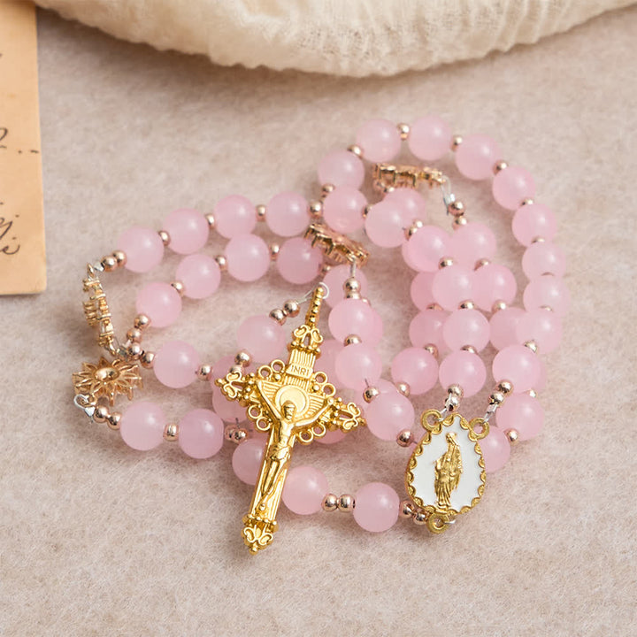Christianartworkshop Light Pink Glass Rosary with Sunflower Our Father Beads & Our Lady Center - image 3