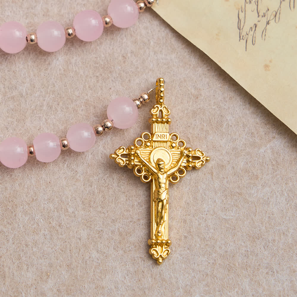 Christianartworkshop Light Pink Glass Rosary with Sunflower Our Father Beads & Our Lady Center - image 7