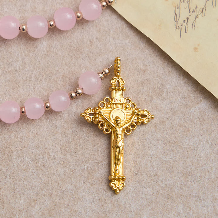 Christianartworkshop Light Pink Glass Rosary with Sunflower Our Father Beads & Our Lady Center - image 7
