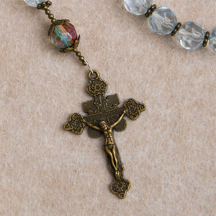 Christianartworkshop Antique Bronze Our Lady Heirloom Rosary with Iridescent Blue Glass - image 7