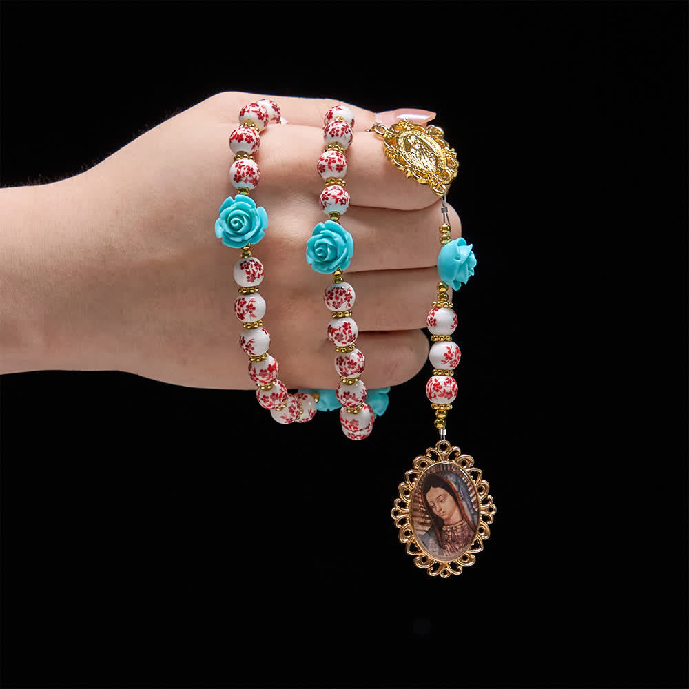 Christianartworkshop Red & White Ceramic Beads with Turquoise Rose Seven Sorrow Rosary with Our Lady Medal - image 1