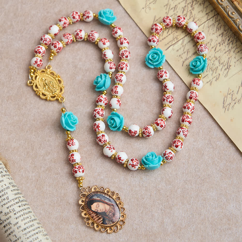 Christianartworkshop Red & White Ceramic Beads with Turquoise Rose Seven Sorrow Rosary with Our Lady Medal - Our Lady & Medal - image 0
