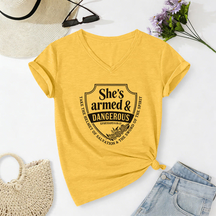 Christianartworkshop She's Armed & Dangerous Casual V-neck T-shirt - Yellow - 2XL - image 8