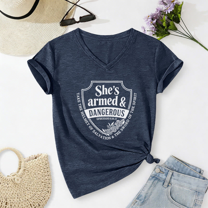 Christianartworkshop She's Armed & Dangerous Casual V-neck T-shirt - Navy Blue - 2XL - image 18