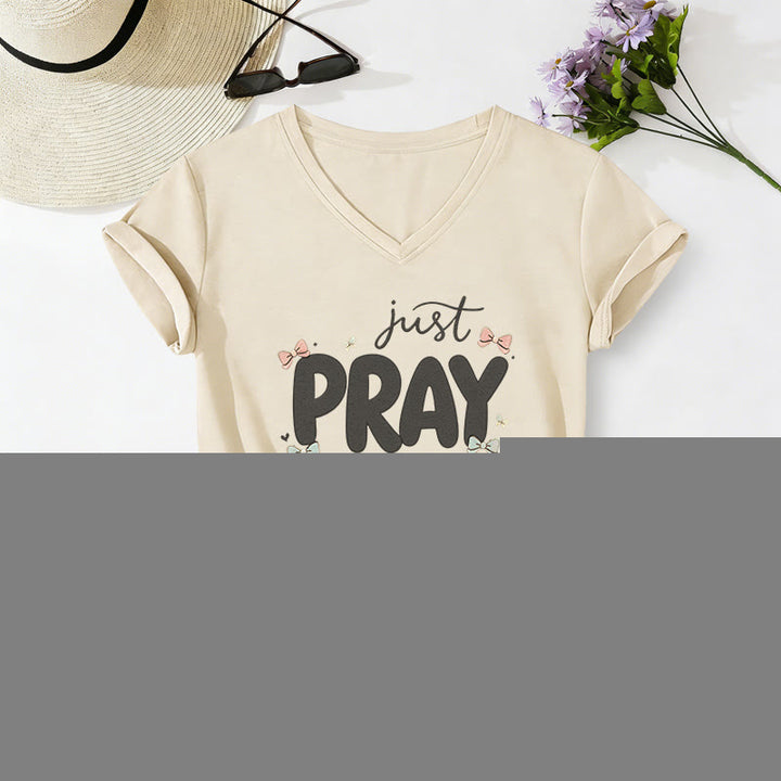 Christianartworkshop Just PRAY Casual V-neck T-shirt - Beige - 2XL - image 6