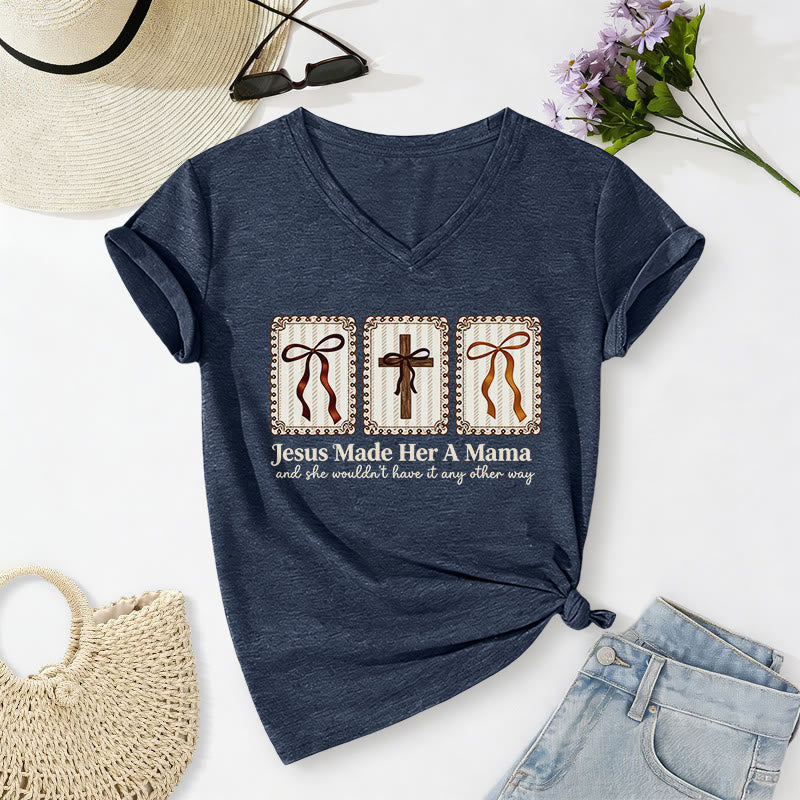 Christianartworkshop Jesus Made Her A Mama Casual V-neck T-shirt - Navy Blue - 2XL - image 18