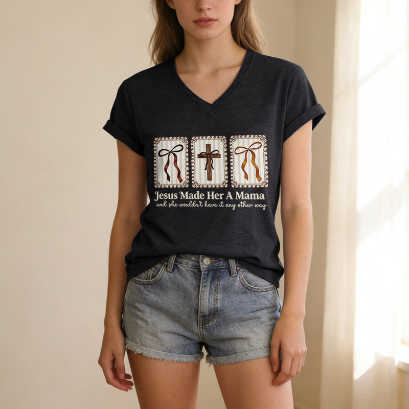Christianartworkshop Jesus Made Her A Mama Casual V-neck T-shirt - image 13