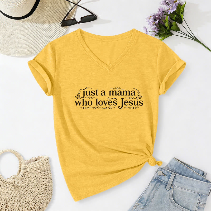 Christianartworkshop Just A Mama Who Loves Jesus Casual V-neck T-shirt - Yellow - 2XL - image 8