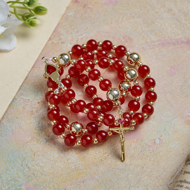 Christianartworkshop Divine Love Sacred Heart Rosary with Elegant Red Glass & Golden Crucifix - image 3