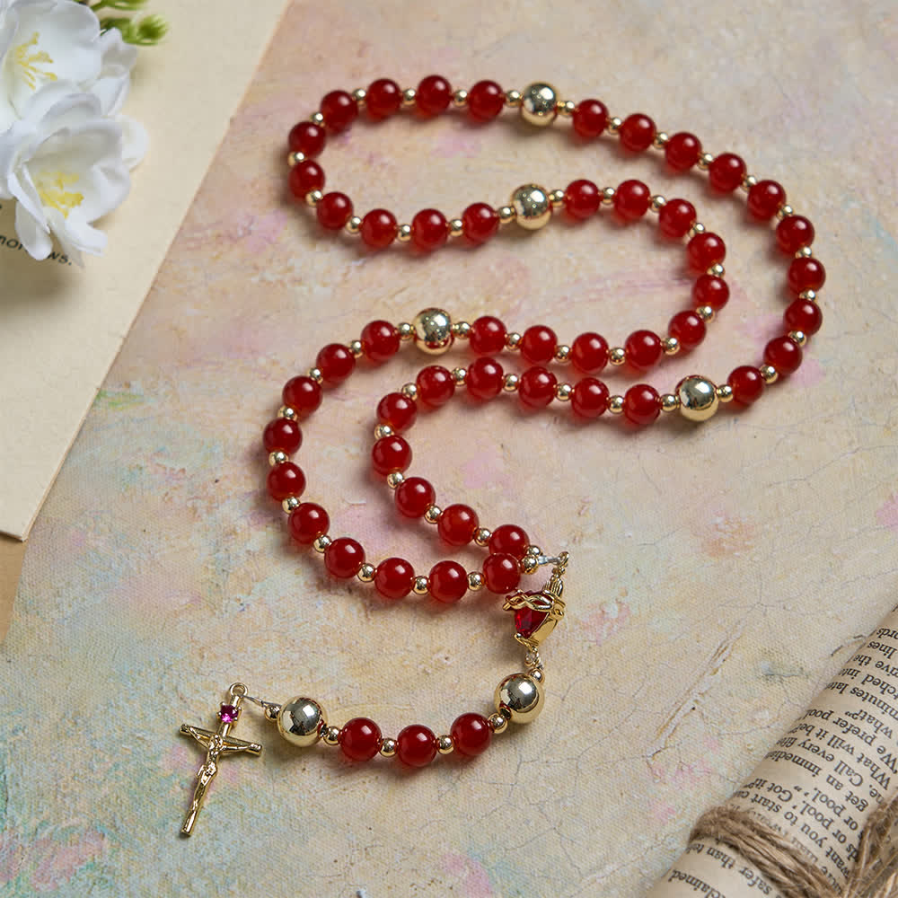 Christianartworkshop Divine Love Sacred Heart Rosary with Elegant Red Glass & Golden Crucifix - image 2