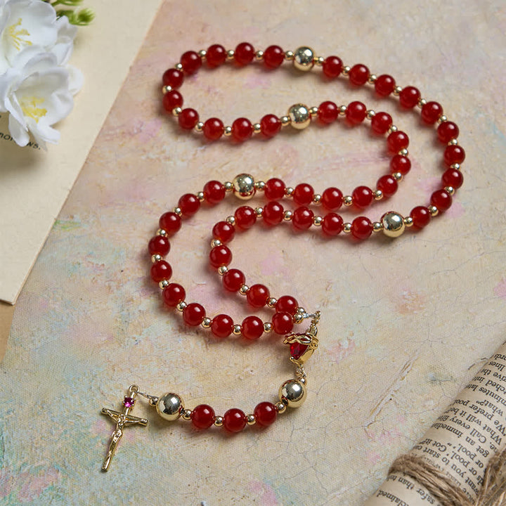Christianartworkshop Divine Love Sacred Heart Rosary with Elegant Red Glass & Golden Crucifix - image 2