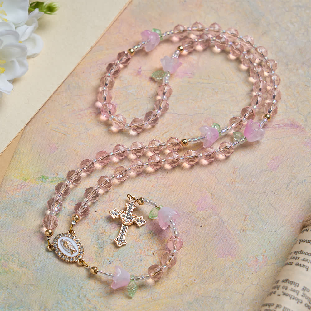 Christianartworkshop Lily of the Valley Devotion Rosary with Our Lady Accents & Pink Beads - Our Lady & Crucifix - image 0