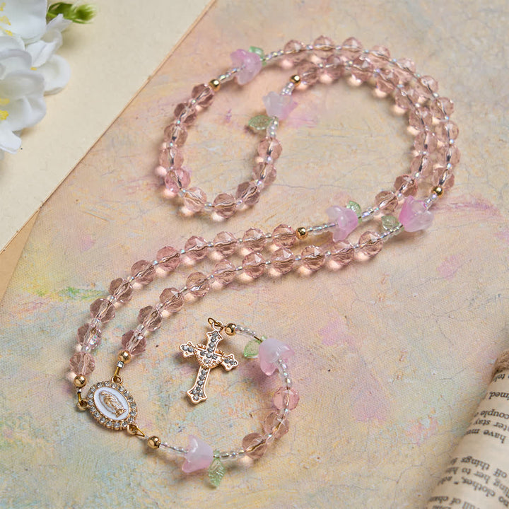 Christianartworkshop Lily of the Valley Devotion Rosary with Our Lady Accents & Pink Beads - Our Lady & Crucifix - image 0