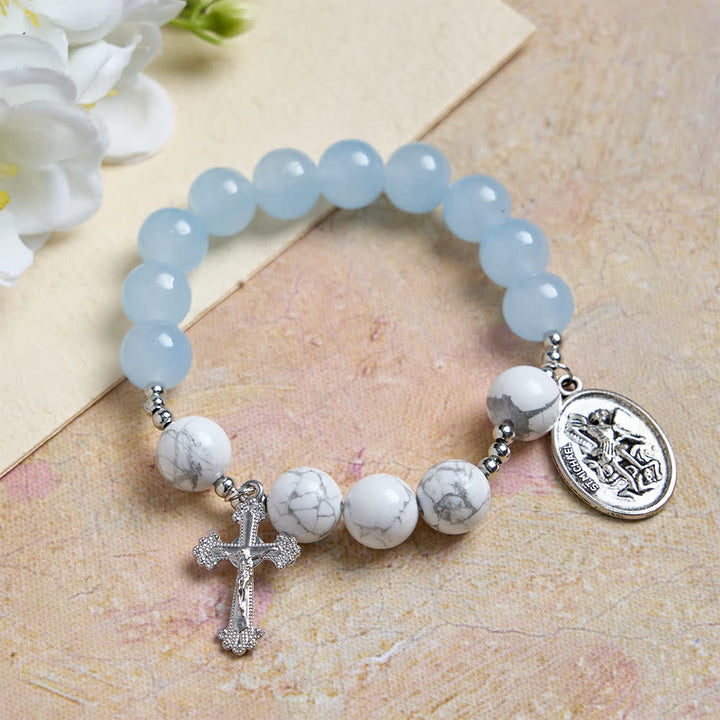 Christianartworkshop Natural Howlite Stone St. Michael Bracelet: Light Blue & PInk Dual Spiritual Protection - Blue - image 9