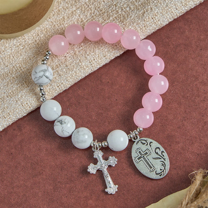 Christianartworkshop Natural Howlite Stone St. Michael Bracelet: Light Blue & PInk Dual Spiritual Protection - image 5