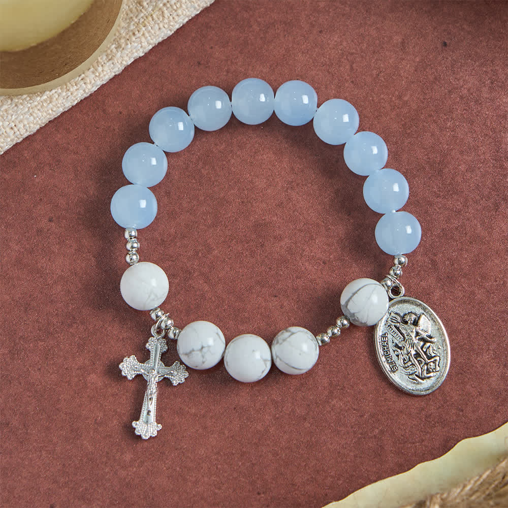 Christianartworkshop Natural Howlite Stone St. Michael Bracelet: Light Blue & PInk Dual Spiritual Protection - image 12