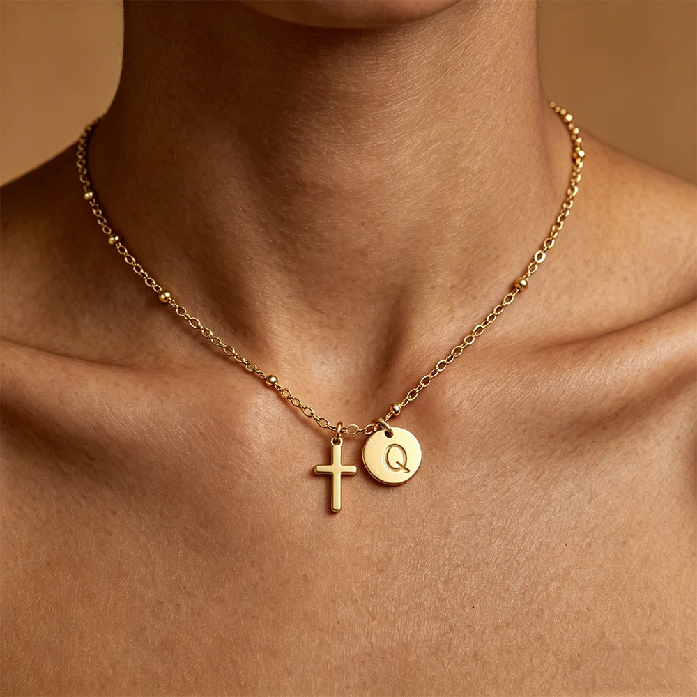Christianartworkshop Initial Letter Disc & Cross Pendant Necklace: Timeless Symbol of Personal Faith - Q - image 17