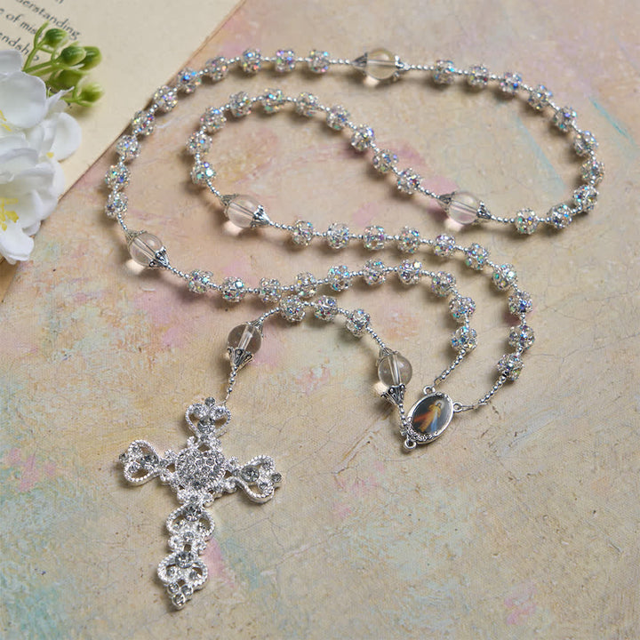 Christianartworkshop Sparkling Golden Beads Luxury Rosary with Our Lady of Grace - Silver - image 10