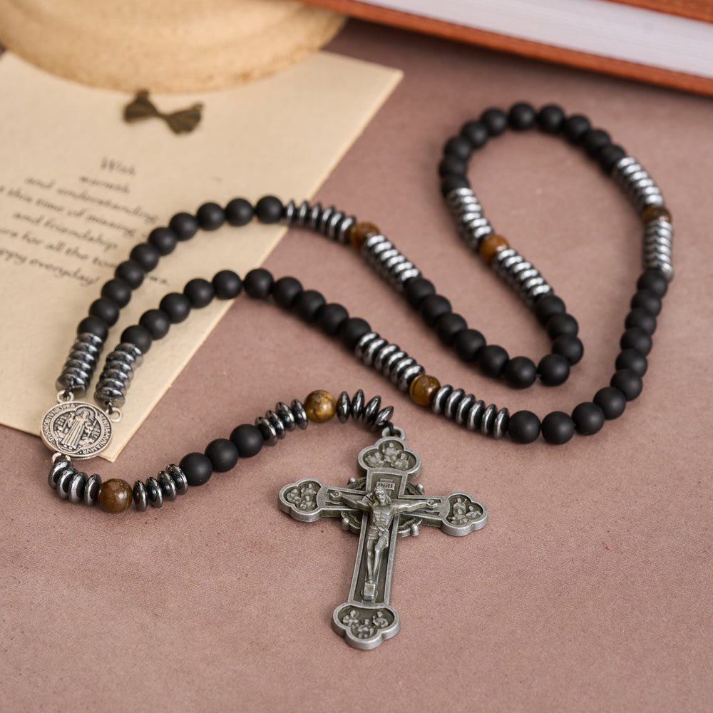 Christianartworkshop Black Glass & Tiger Eye Rosary with St. Benedict Medal & Vintage Tin Cross - image 1