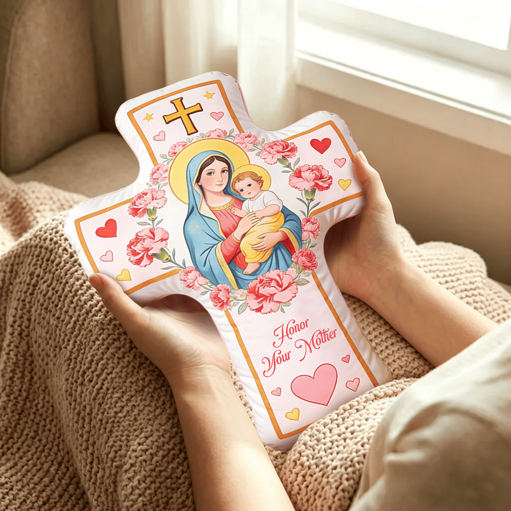 Christianartworkshop Floral Heart Pattern Madonna Cross Cushion: Warm Faith-Inspired Home Decor Pillow - image 3
