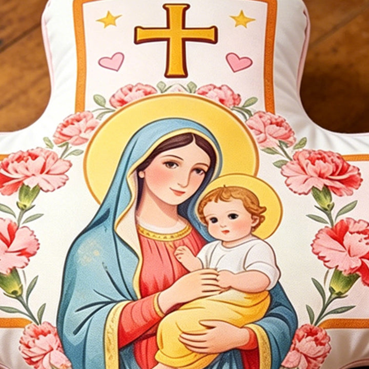 Christianartworkshop Floral Heart Pattern Madonna Cross Cushion: Warm Faith-Inspired Home Decor Pillow - image 4