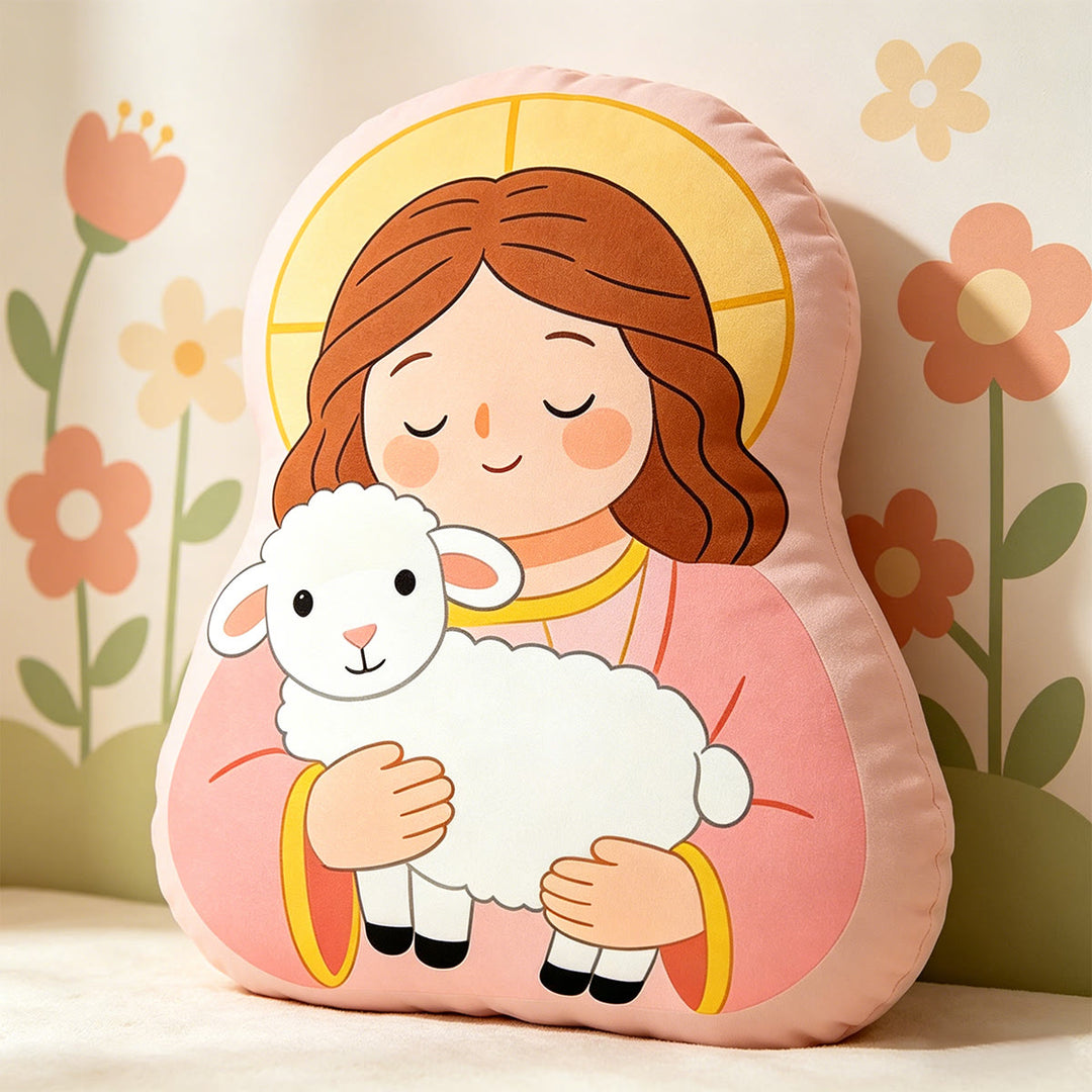 Christianartworkshop Halo Our Lady Holding Lamb Character Pillow: Emblem Of Tender Motherly Care & Gentle Blessing - image 2