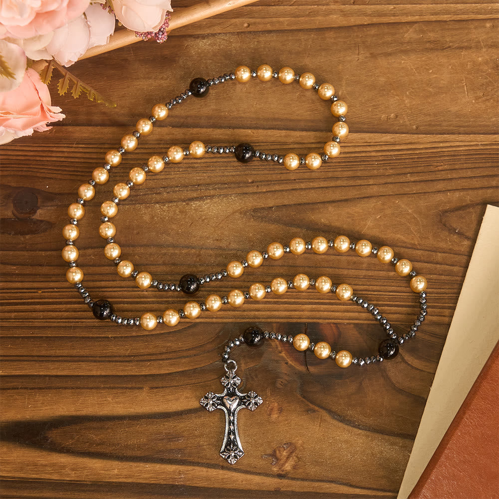 Christianartworkshop 4-Color Glass Bead Rosary with Heart Motif Cross: Timeless Symbol of Sacred Prayer Faith - Yellow - image 9