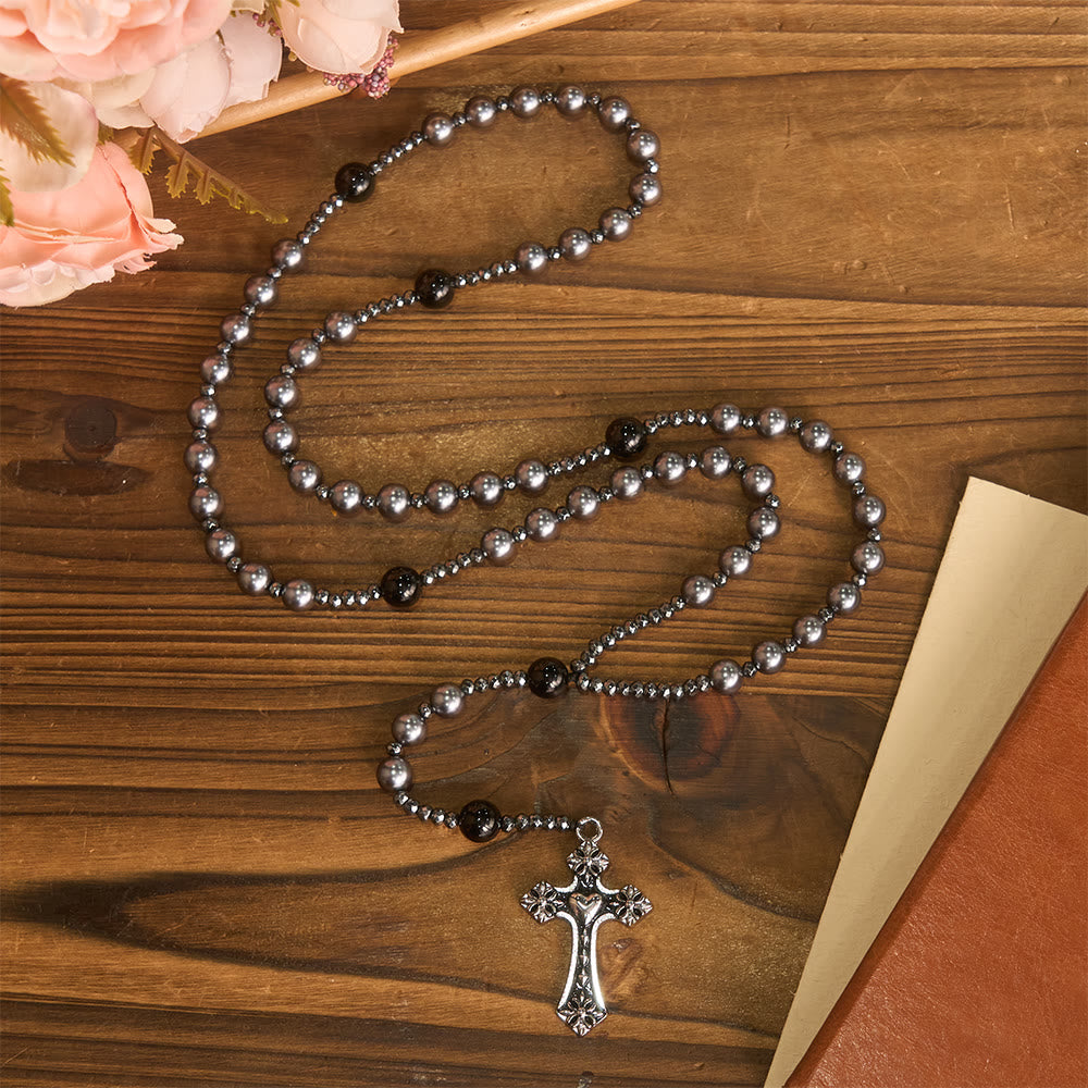 Christianartworkshop 4-Color Glass Bead Rosary with Heart Motif Cross: Timeless Symbol of Sacred Prayer Faith - Black - image 3