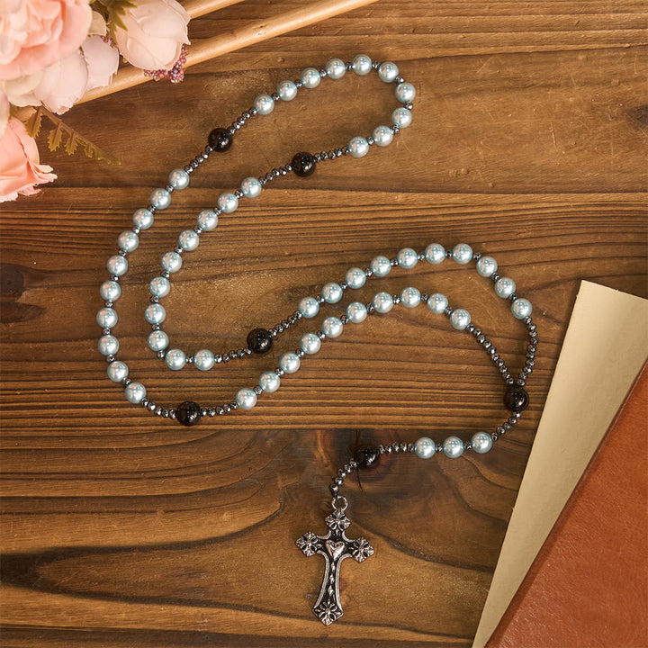 Christianartworkshop 4-Color Glass Bead Rosary with Heart Motif Cross: Timeless Symbol of Sacred Prayer Faith - Blue - image 6