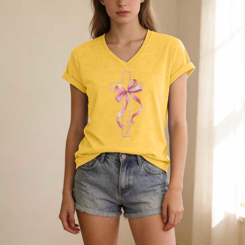 Christianartworkshop Cross With Pink Bow Graphic Casual V-neck T-shirt - image 9
