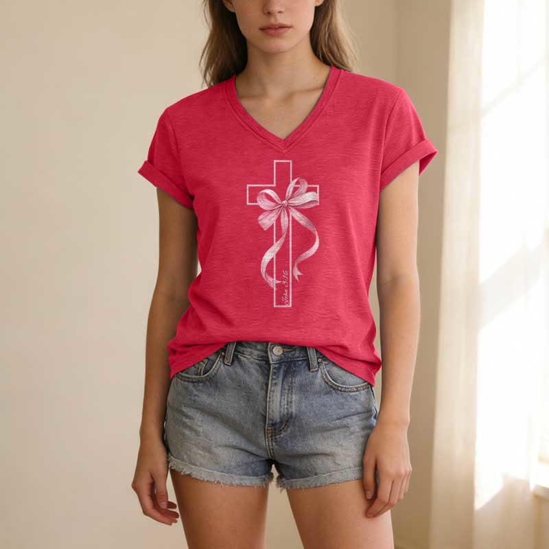 Christianartworkshop Cross With Pink Bow Graphic Casual V-neck T-shirt - image 23