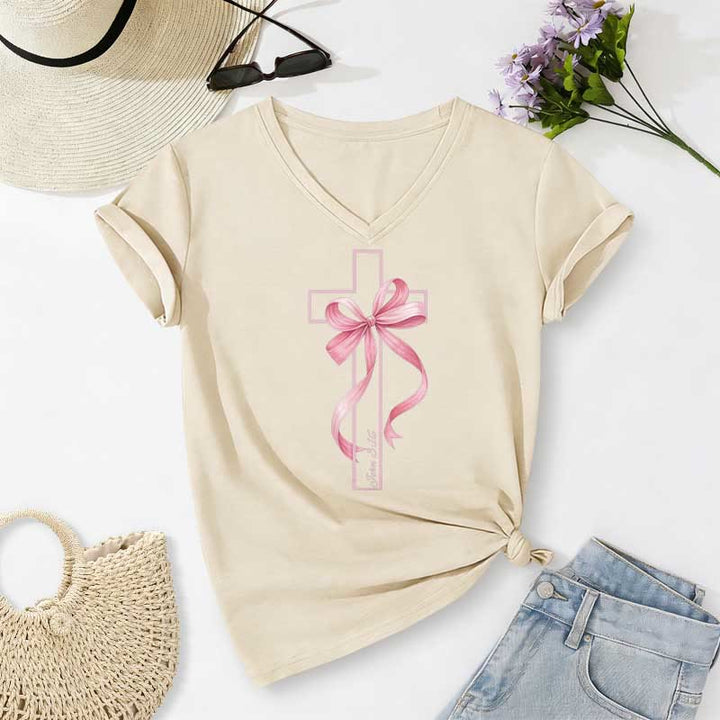 Christianartworkshop Cross With Pink Bow Graphic Casual V-neck T-shirt - Beige - 2XL - image 6