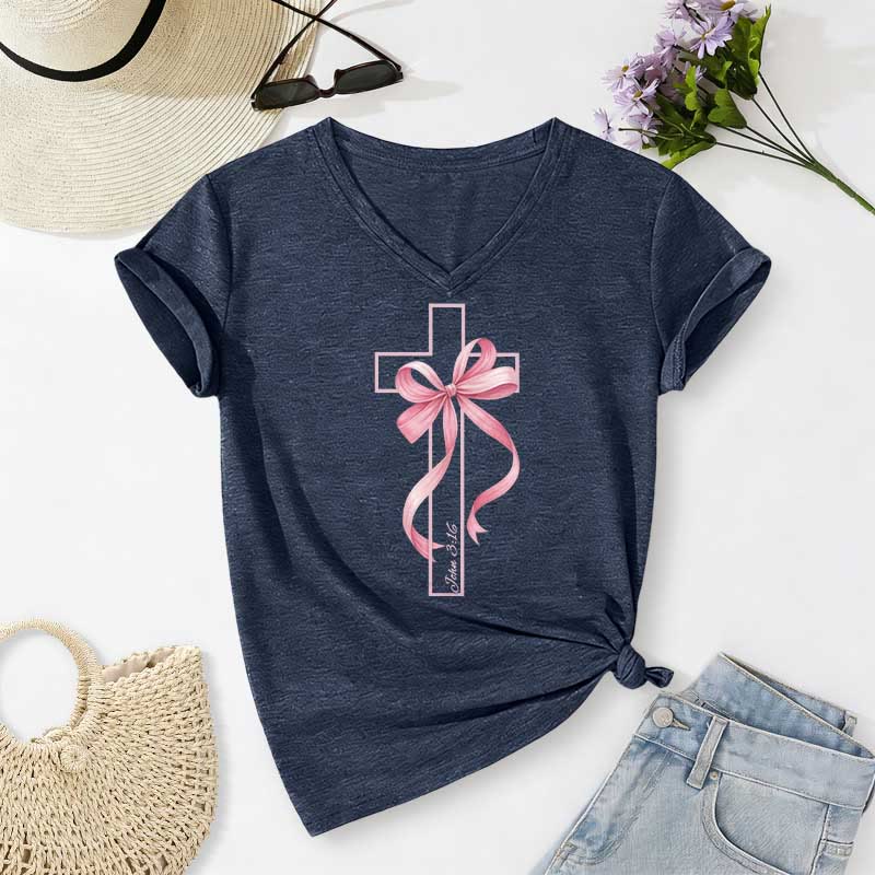 Christianartworkshop Cross With Pink Bow Graphic Casual V-neck T-shirt - Navy Blue - 2XL - image 18