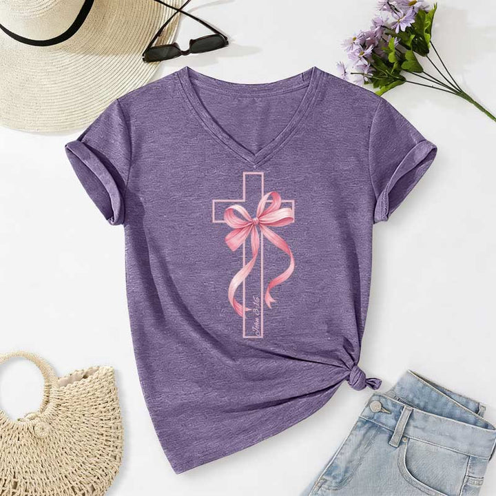 Christianartworkshop Cross With Pink Bow Graphic Casual V-neck T-shirt - Purple - 2XL - image 16