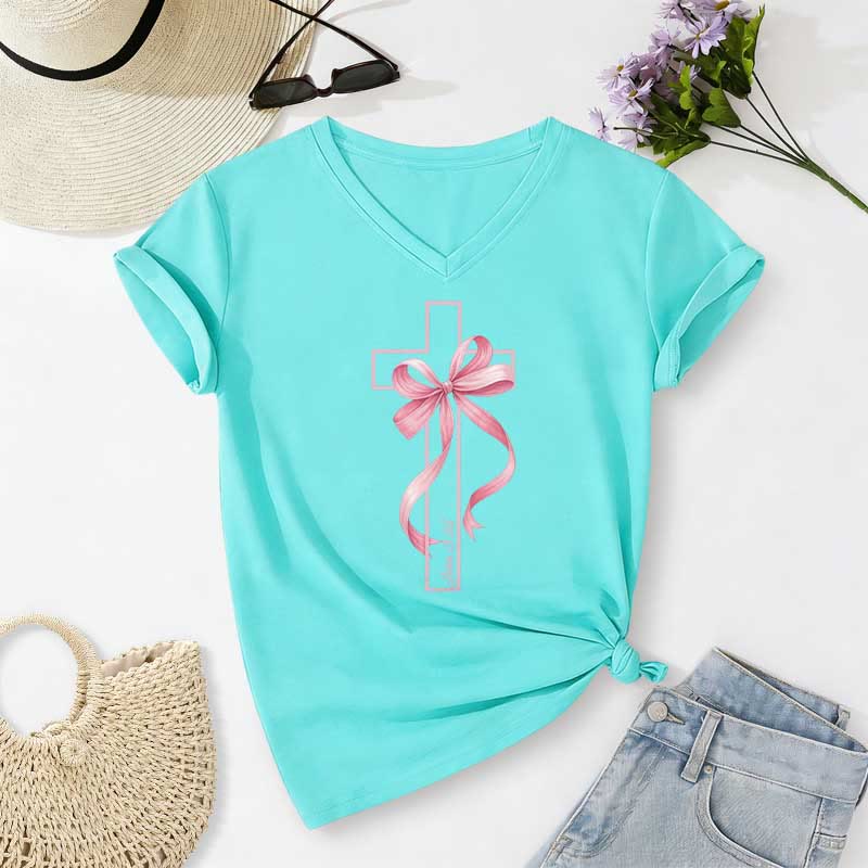 Christianartworkshop Cross With Pink Bow Graphic Casual V-neck T-shirt - Sky Blue - 2XL - image 10