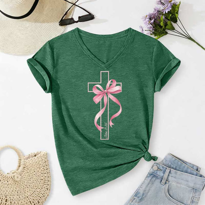 Christianartworkshop Cross With Pink Bow Graphic Casual V-neck T-shirt - Dark Green - 2XL - image 0